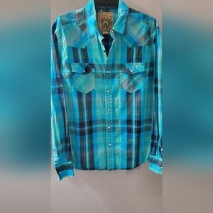 Red Camel Turquoise and Navy Plaid Men's Shirt. Sz L